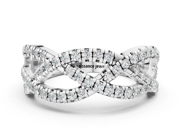 White gold Pave Round Diamond Twist Band with Shared Prong Setting