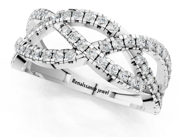 White gold Pave Round Diamond Twist Band with Shared Prong Setting