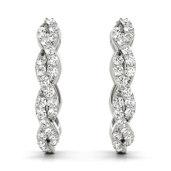 White gold Pave Round Diamond Twisted Hoop Earrings with Shared Prong Setting