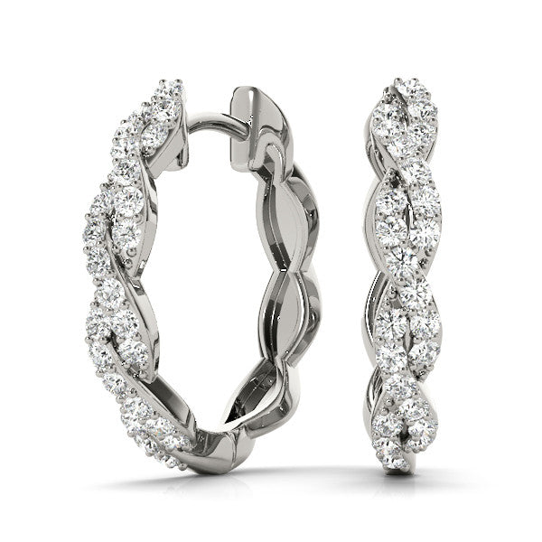 White gold Pave Round Diamond Twisted Hoop Earrings with Shared Prong Setting
