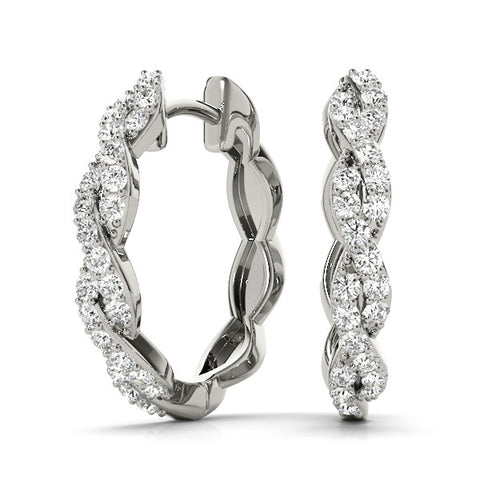 White gold Pave Round Diamond Twisted Hoop Earrings with Shared Prong Setting
