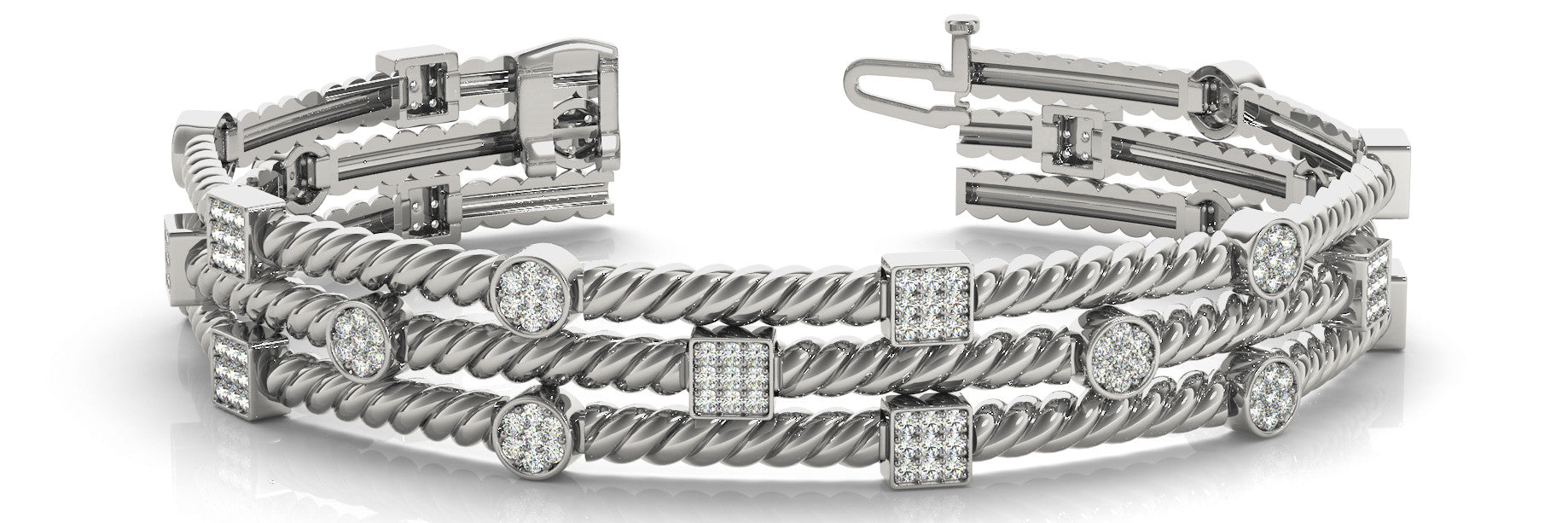 White gold Pave Set Round and Square Diamond Twisted Cable Bracelet