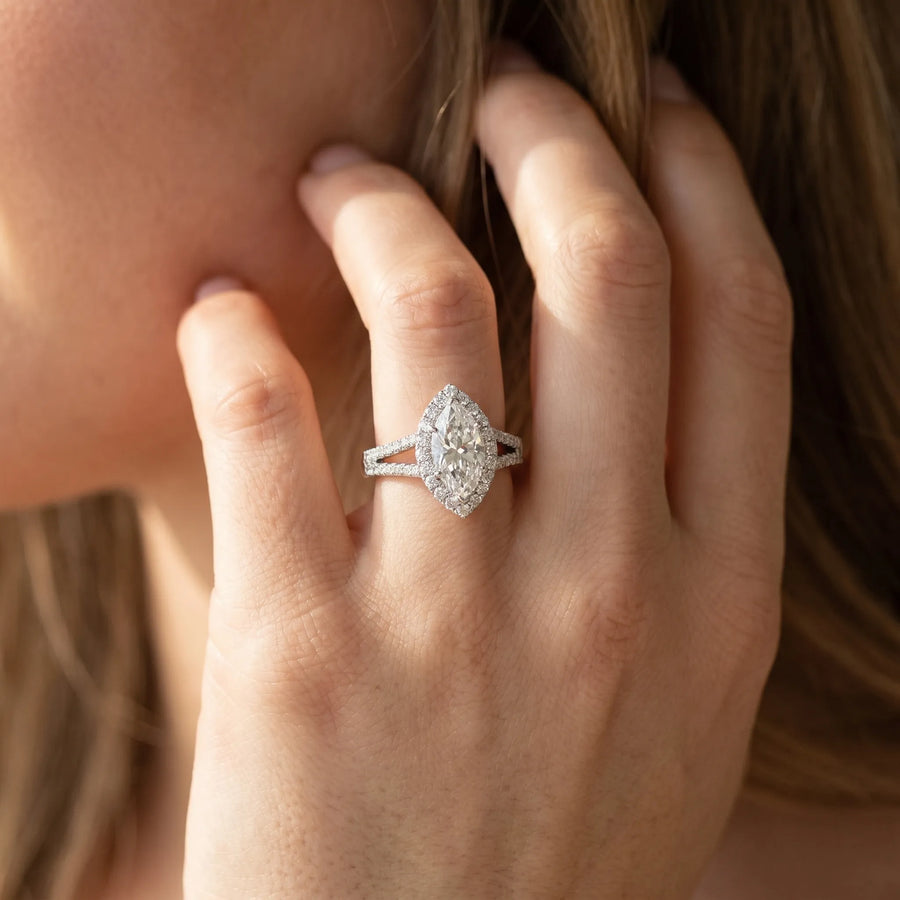 White gold Pave Split Shank Halo Marquise Cut Prong Set Ring