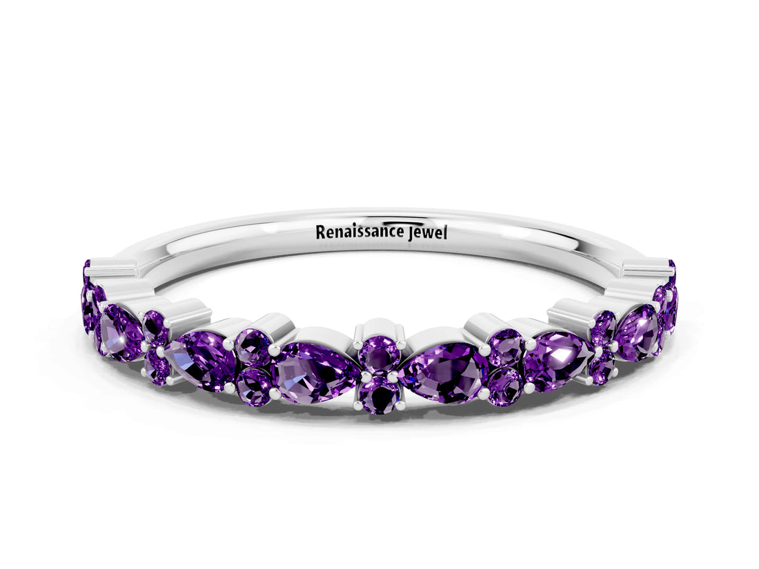 White gold Pear & Round Amethyst Wedding Band_6
