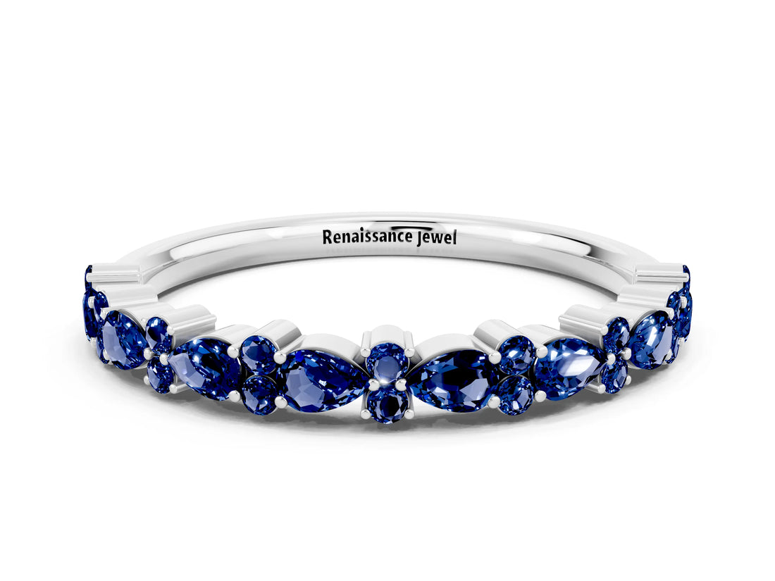 White gold Pear & Round Blue Sapphire Wedding Band_6