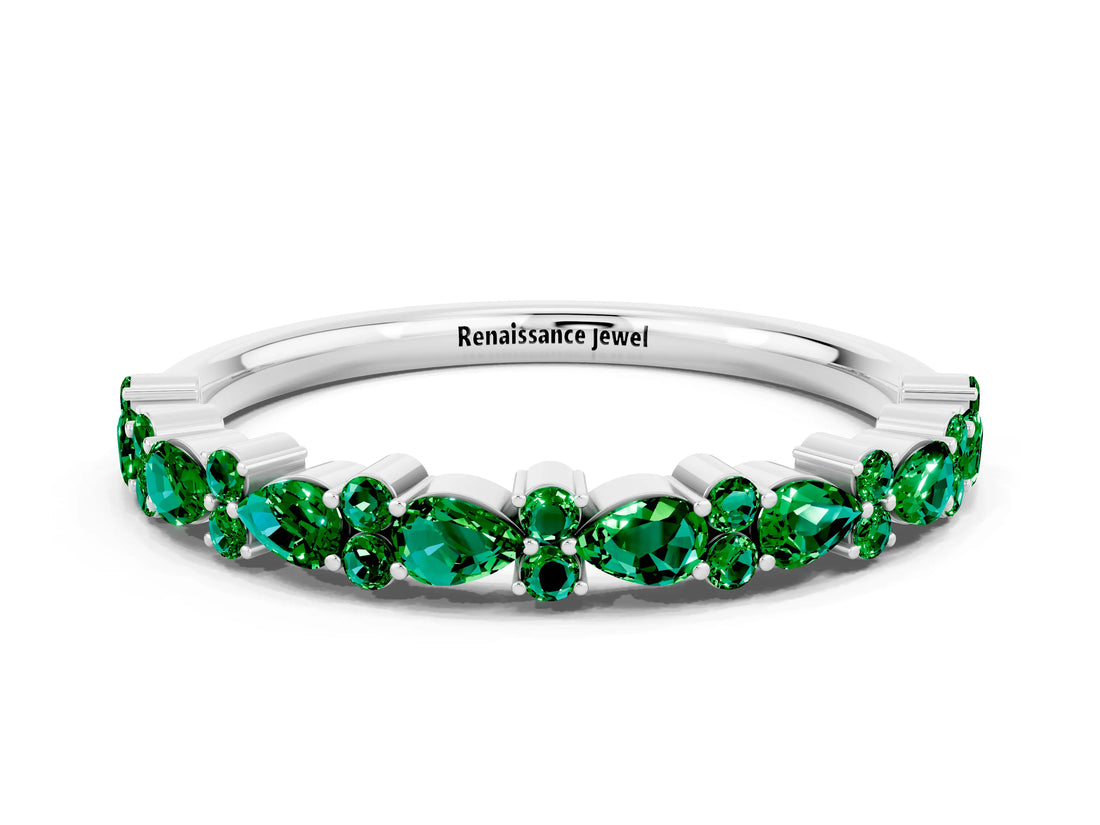 White gold Pear & Round Emerald Wedding Band_6