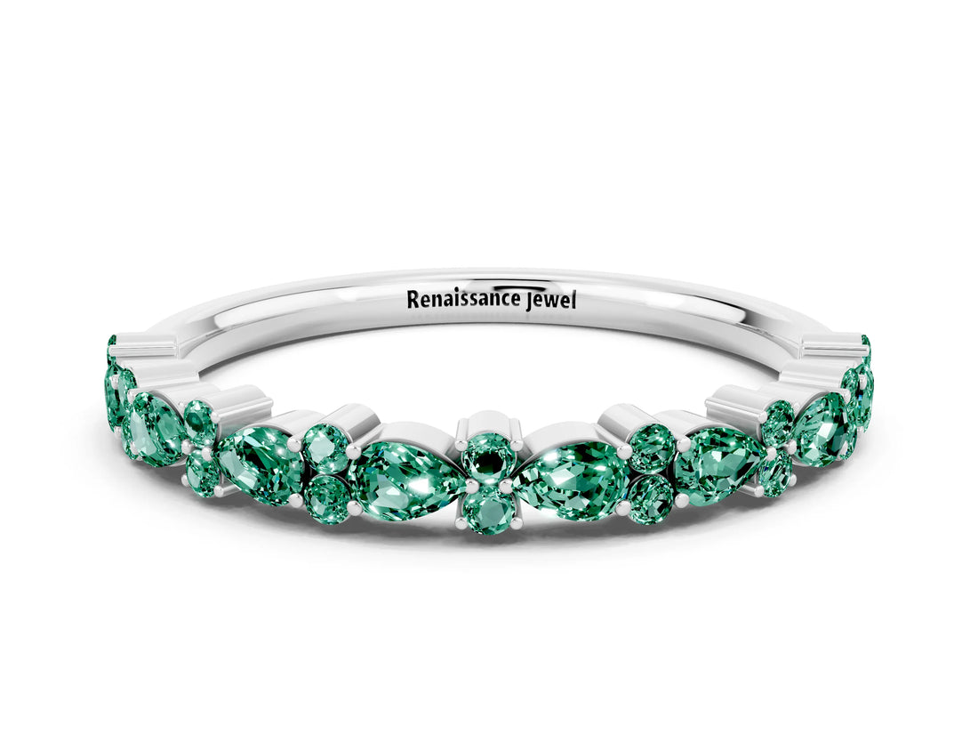 White gold Pear & Round Green Sapphire Wedding Band_6