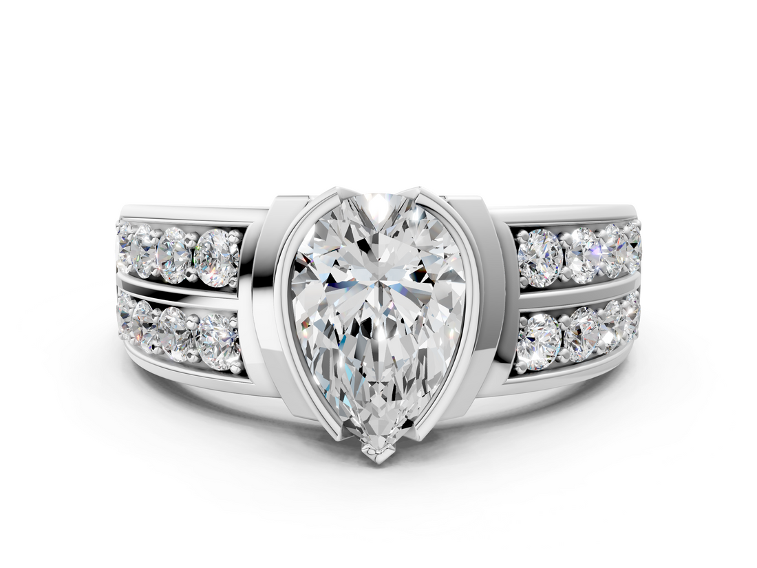 White gold Pear Brilliant Diamond Channel Set Wide Band Ring with Bezel Setting_54