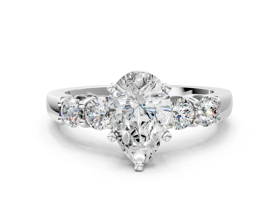 White gold Pear Brilliant Diamond Five-Stone Engagement Ring with Prong Setting on a Classic Band