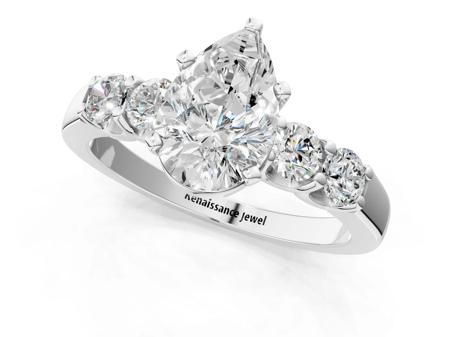 White gold Pear Brilliant Diamond Five-Stone Engagement Ring with Prong Setting on a Classic Band