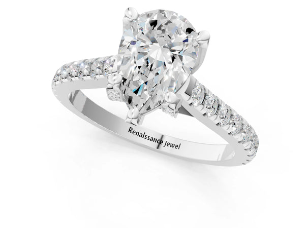 White gold Pear Brilliant Diamond Solitaire with Pavé Band and Four-Prong Setting