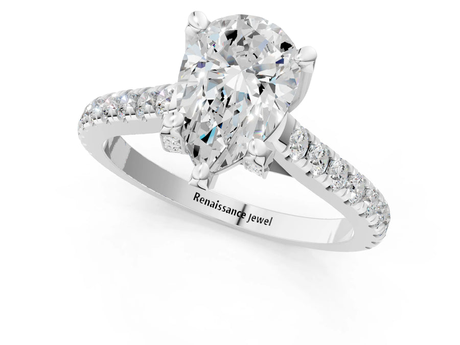 White gold Pear Brilliant Diamond Solitaire with Pavé Band and Four-Prong Setting