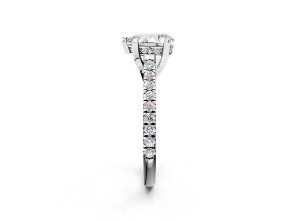 White gold Pear Brilliant Diamond Solitaire with Pavé Band and Four-Prong Setting
