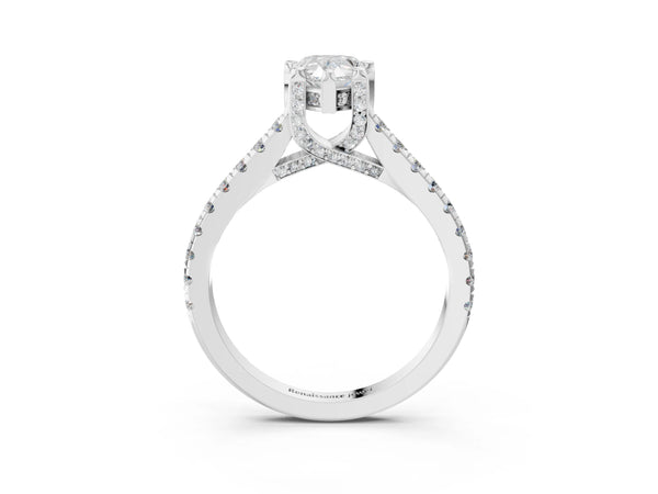 White gold Pear Brilliant Diamond Solitaire with Pavé Band and Four-Prong Setting