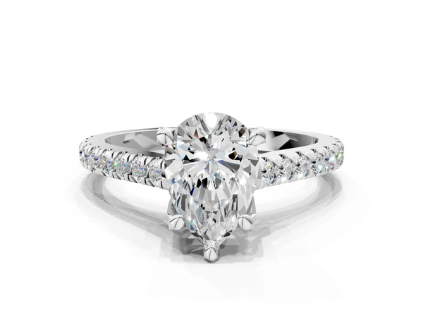 White gold Pear Brilliant Diamond Solitaire with Pavé Band and Four-Prong Setting