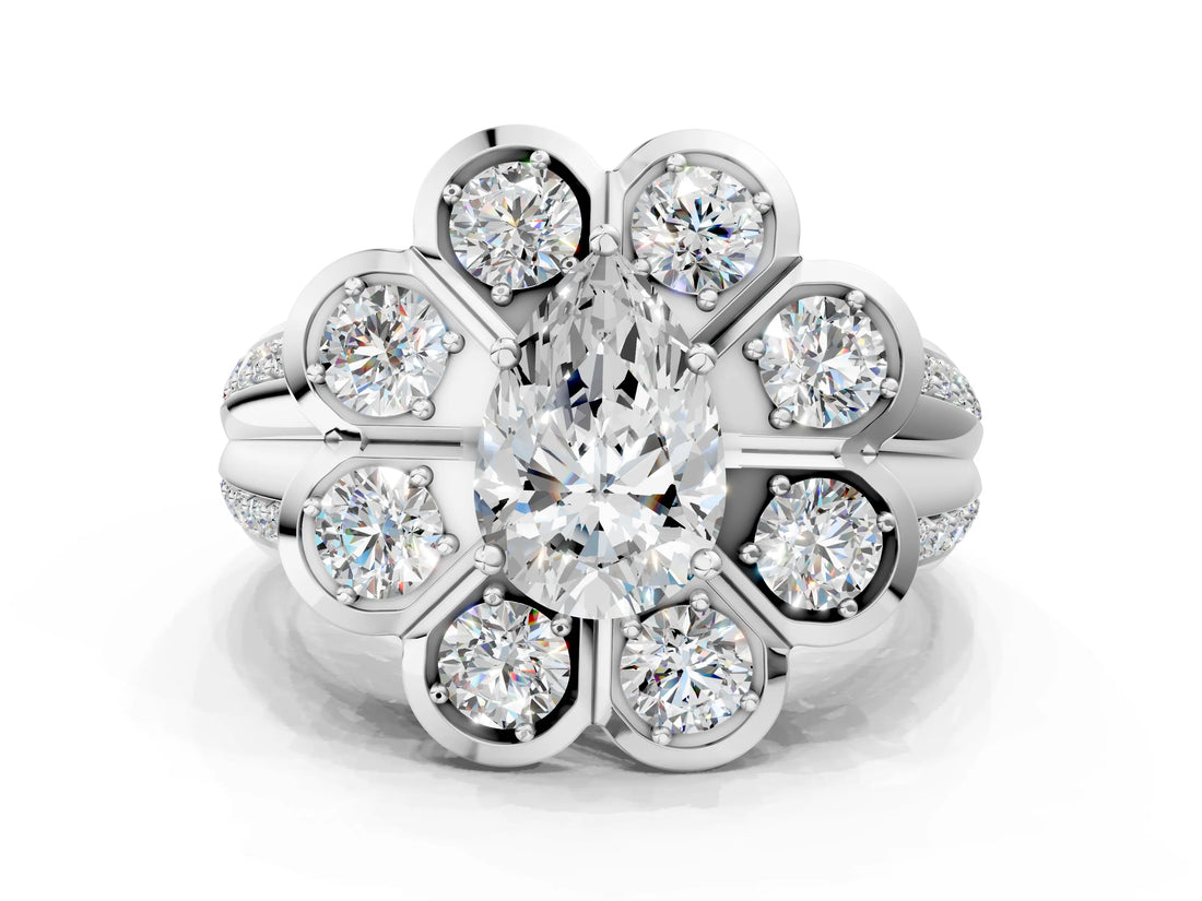 White gold Pear Brilliant Flower Halo Diamond Split Shank Ring_45