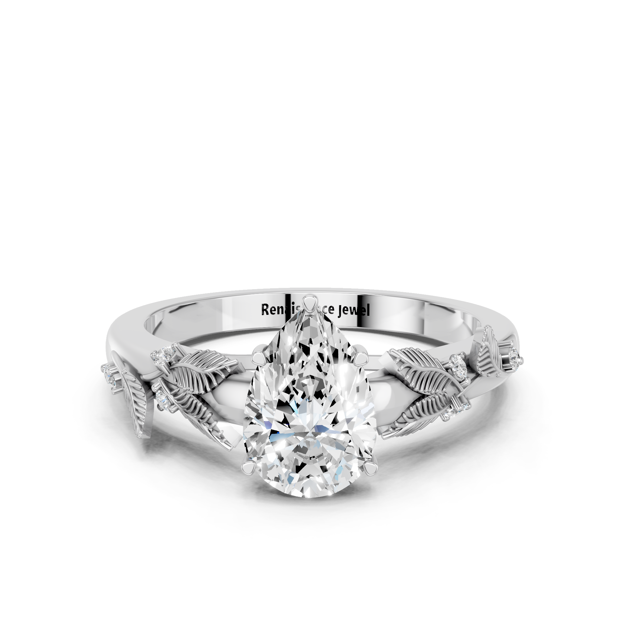 White gold Pear Brilliant Solitaire with Leaf Motif Band and Four-Prong Setting_11