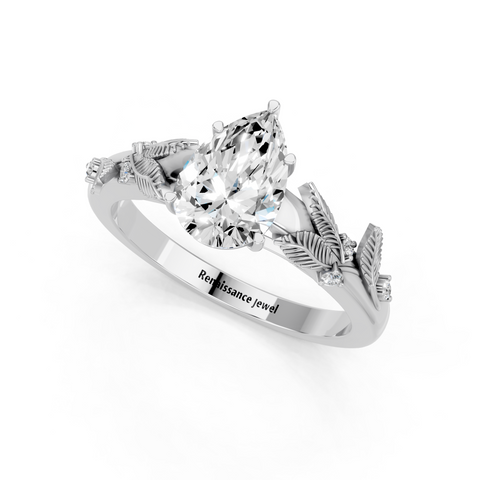 White gold Pear Brilliant Solitaire with Leaf Motif Band and Four-Prong Setting_3