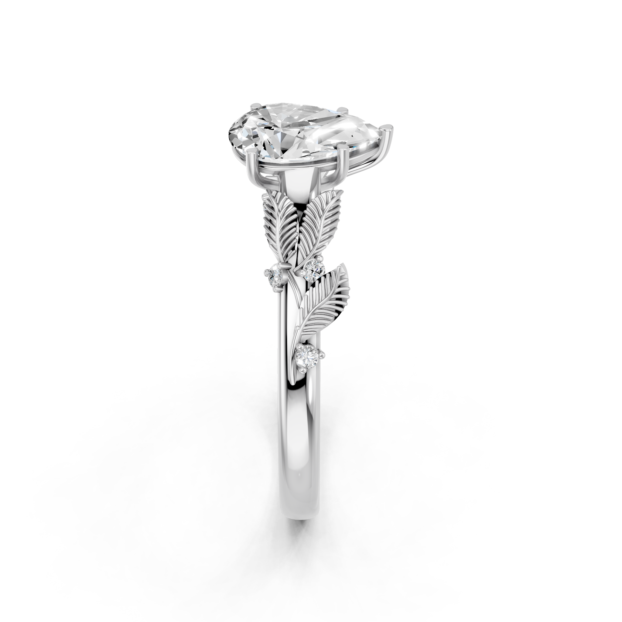 White gold Pear Brilliant Solitaire with Leaf Motif Band and Four-Prong Setting_4