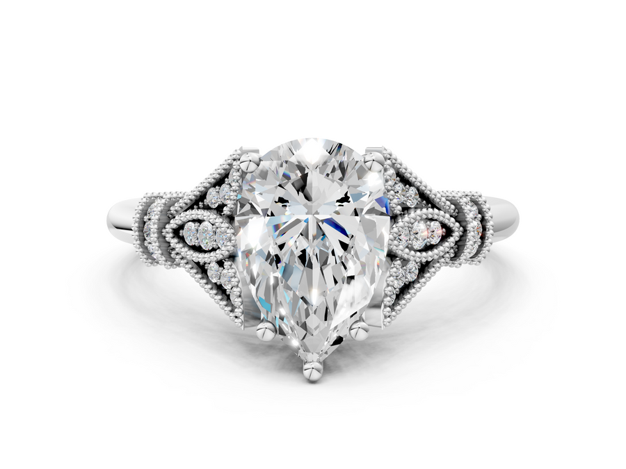 White gold Pear Diamond Solitaire Ring with Floral Filigree and Pave Accents
