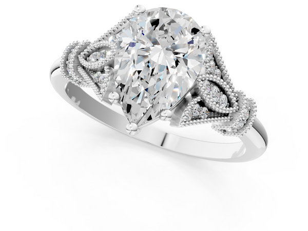 White gold Pear Diamond Solitaire Ring with Floral Filigree and Pave Accents