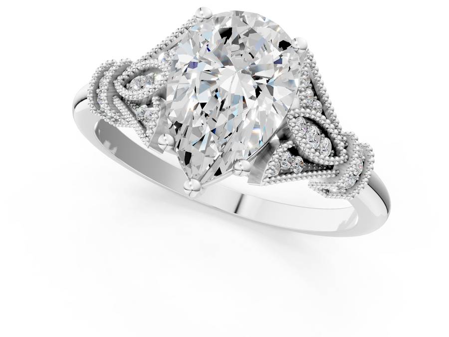 White gold Pear Diamond Solitaire Ring with Floral Filigree and Pave Accents