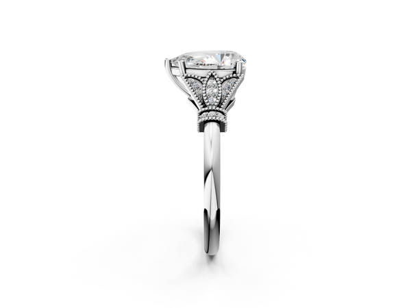 White gold Pear Diamond Solitaire Ring with Floral Filigree and Pave Accents