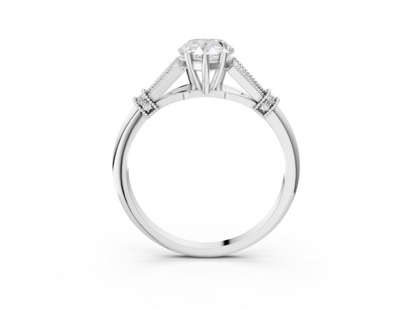 White gold Pear Diamond Solitaire Ring with Floral Filigree and Pave Accents