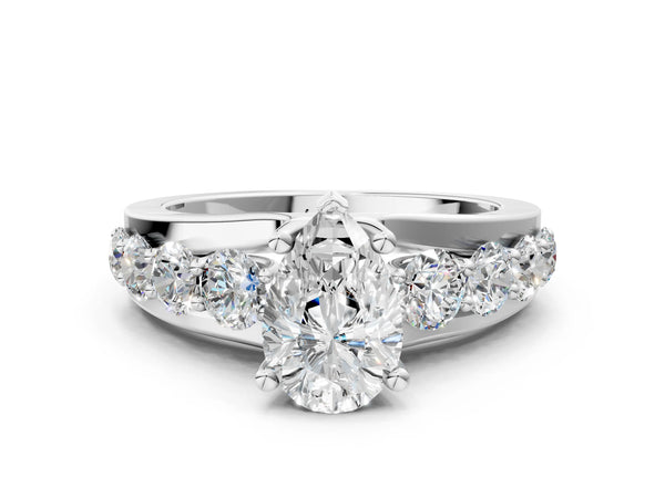 White gold Pear Brilliant Solitaire with Side Stones on a Pave Band and Four-Prong Setting