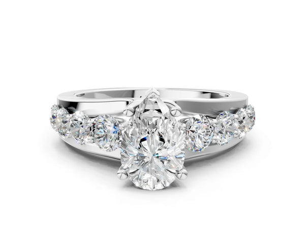 White gold Pear Brilliant Solitaire with Side Stones on a Pave Band and Four-Prong Setting