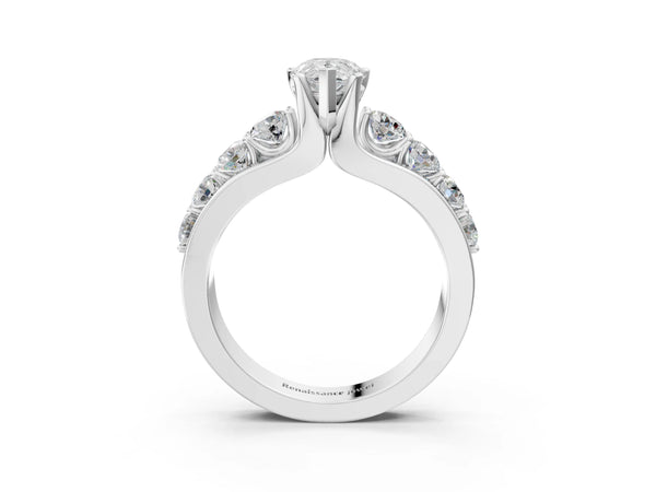 White gold Pear Brilliant Solitaire with Side Stones on a Pave Band and Four-Prong Setting
