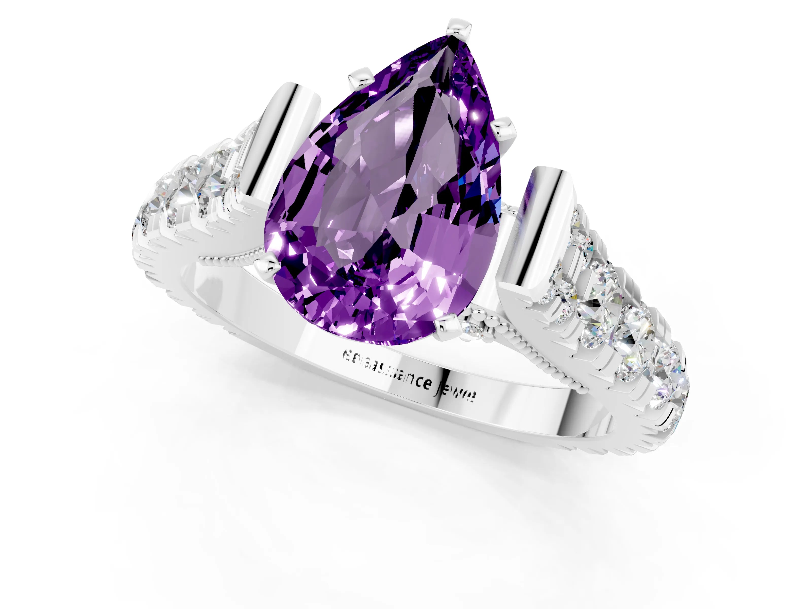White gold Pear Cut Amethyst Classic Solitaire Ring with Pavé Band and Four-Prong Setting_1