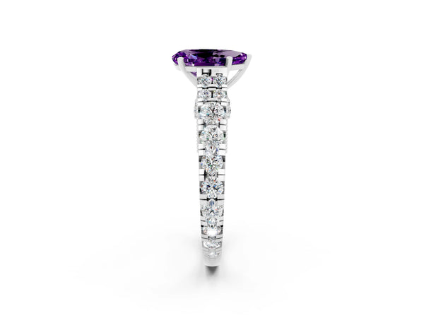 White gold Pear Cut Amethyst Classic Solitaire Ring with Pavé Band and Four-Prong Setting