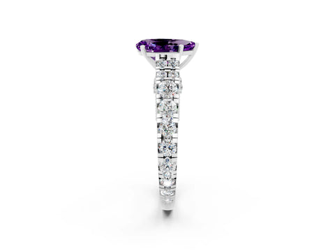 White gold Pear Cut Amethyst Classic Solitaire Ring with Pavé Band and Four-Prong Setting_2