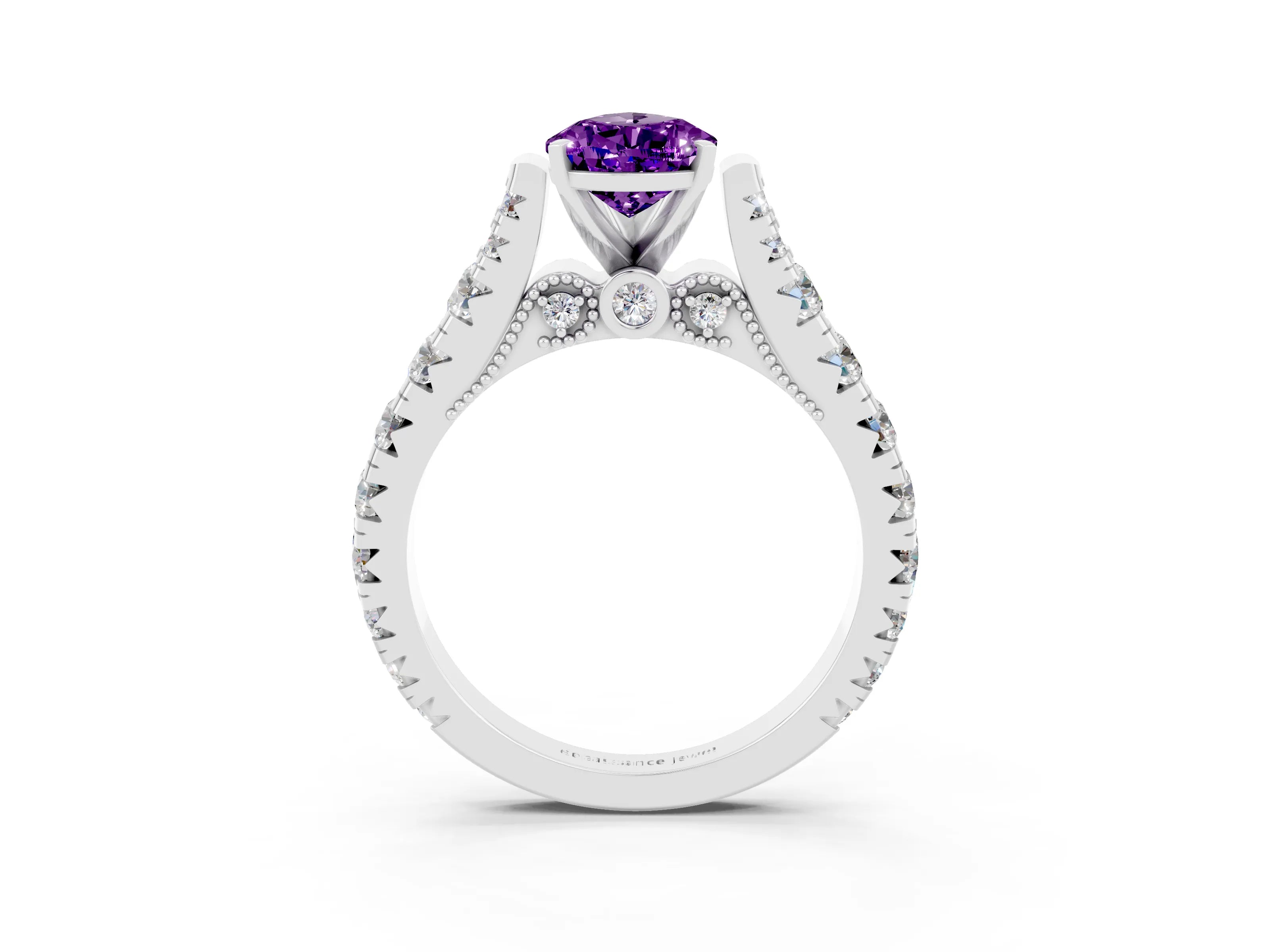 White gold Pear Cut Amethyst Classic Solitaire Ring with Pavé Band and Four-Prong Setting_3