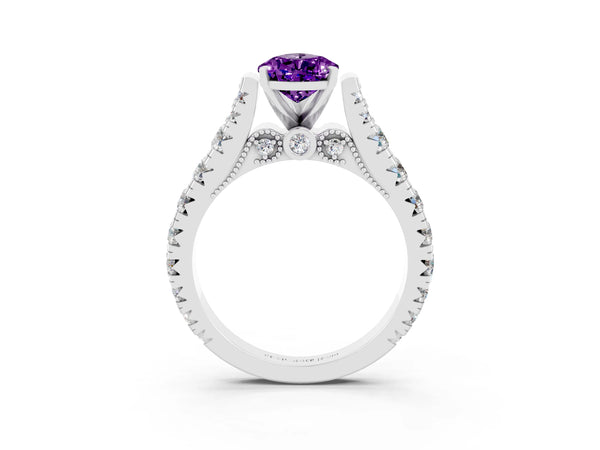 Silver Pear Cut Amethyst Classic Solitaire Ring with Pavé Band and Four-Prong Setting