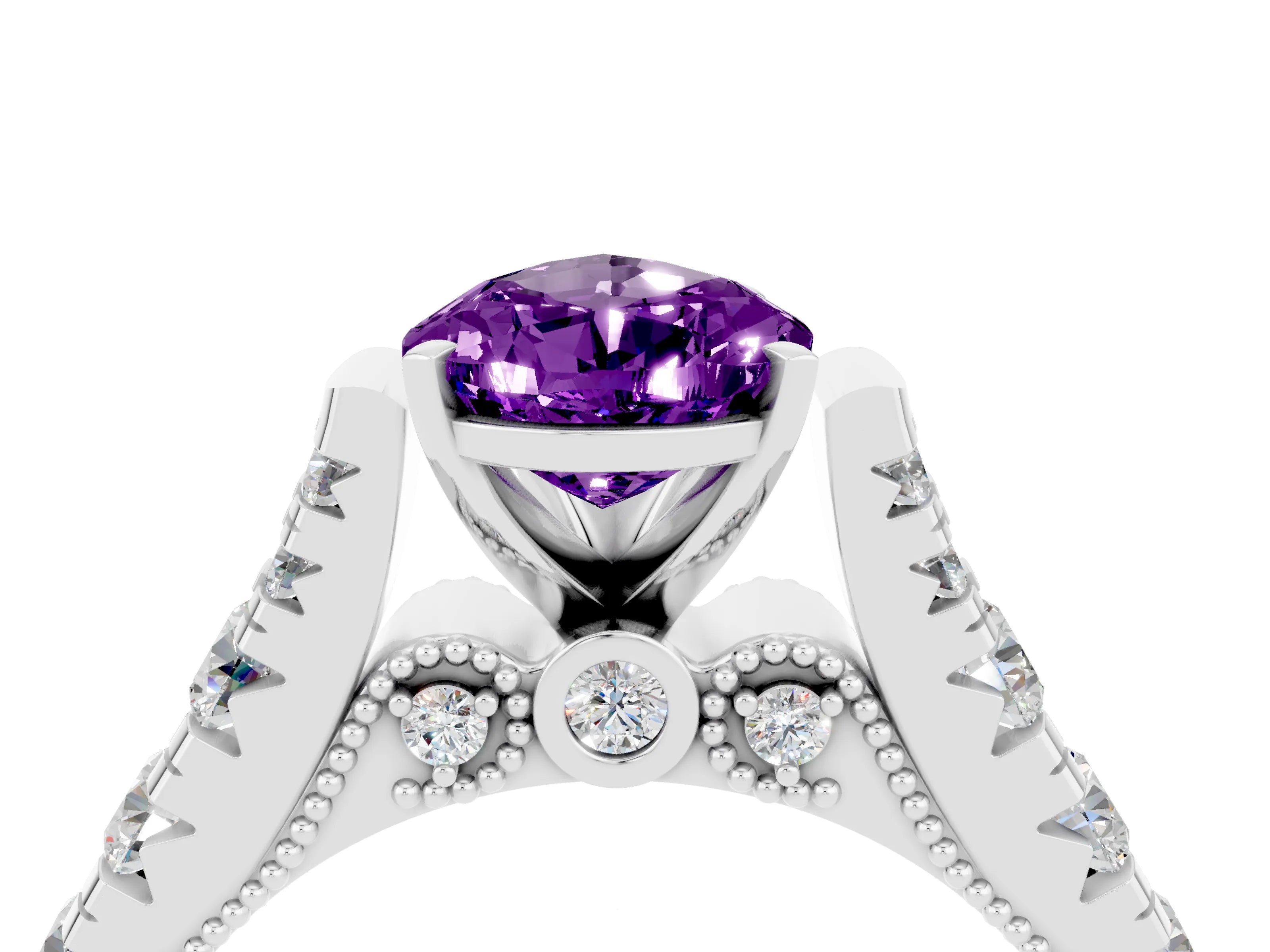 White gold Pear Cut Amethyst Classic Solitaire Ring with Pavé Band and Four-Prong Setting_4