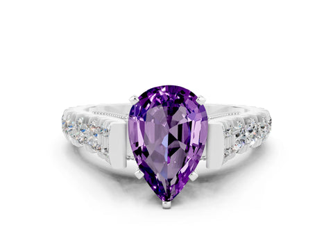White gold Pear Cut Amethyst Classic Solitaire Ring with Pavé Band and Four-Prong Setting