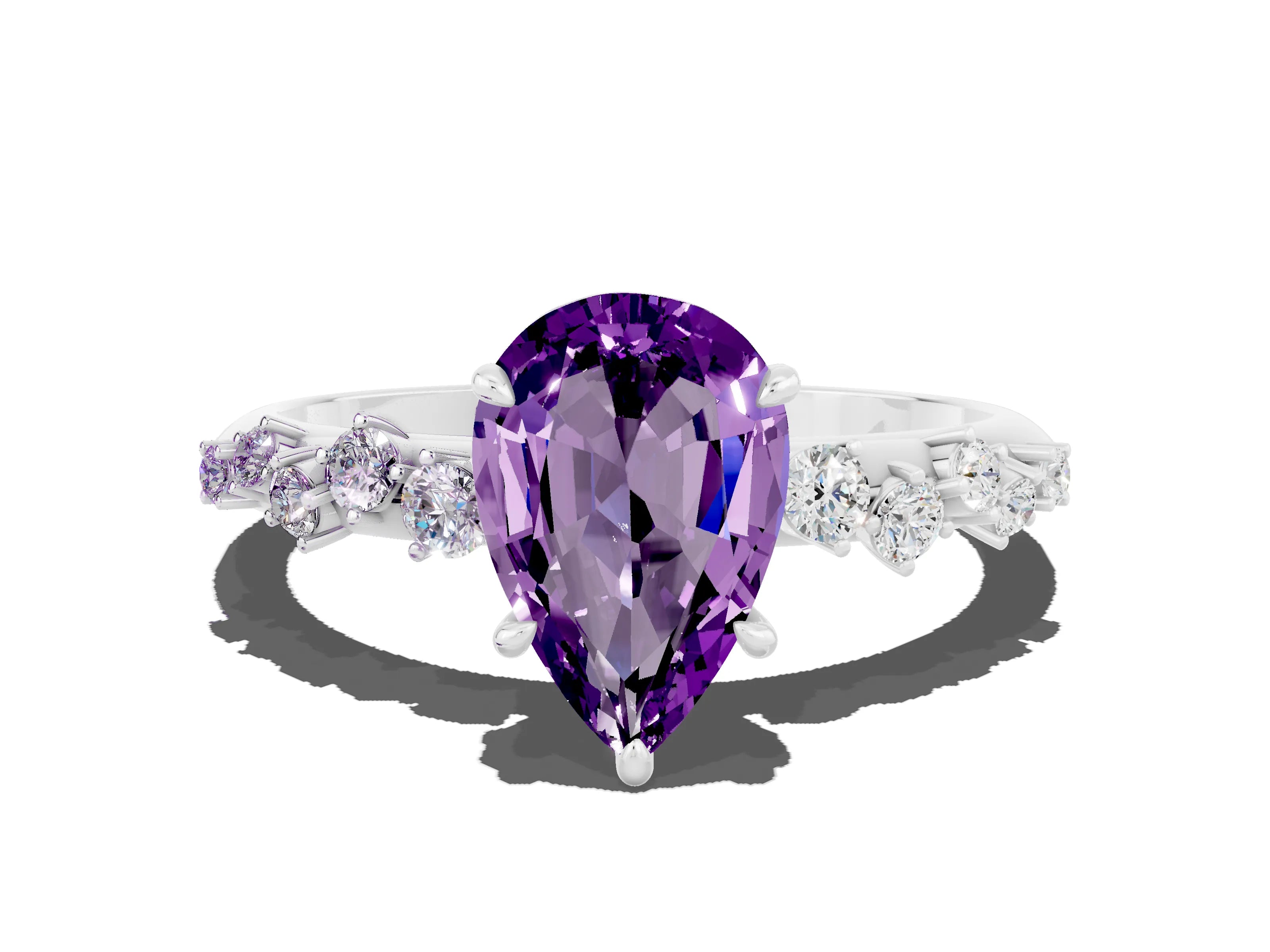 White gold Pear Cut Amethyst Cluster Side Stone Solitaire Ring with Prong Setting_24