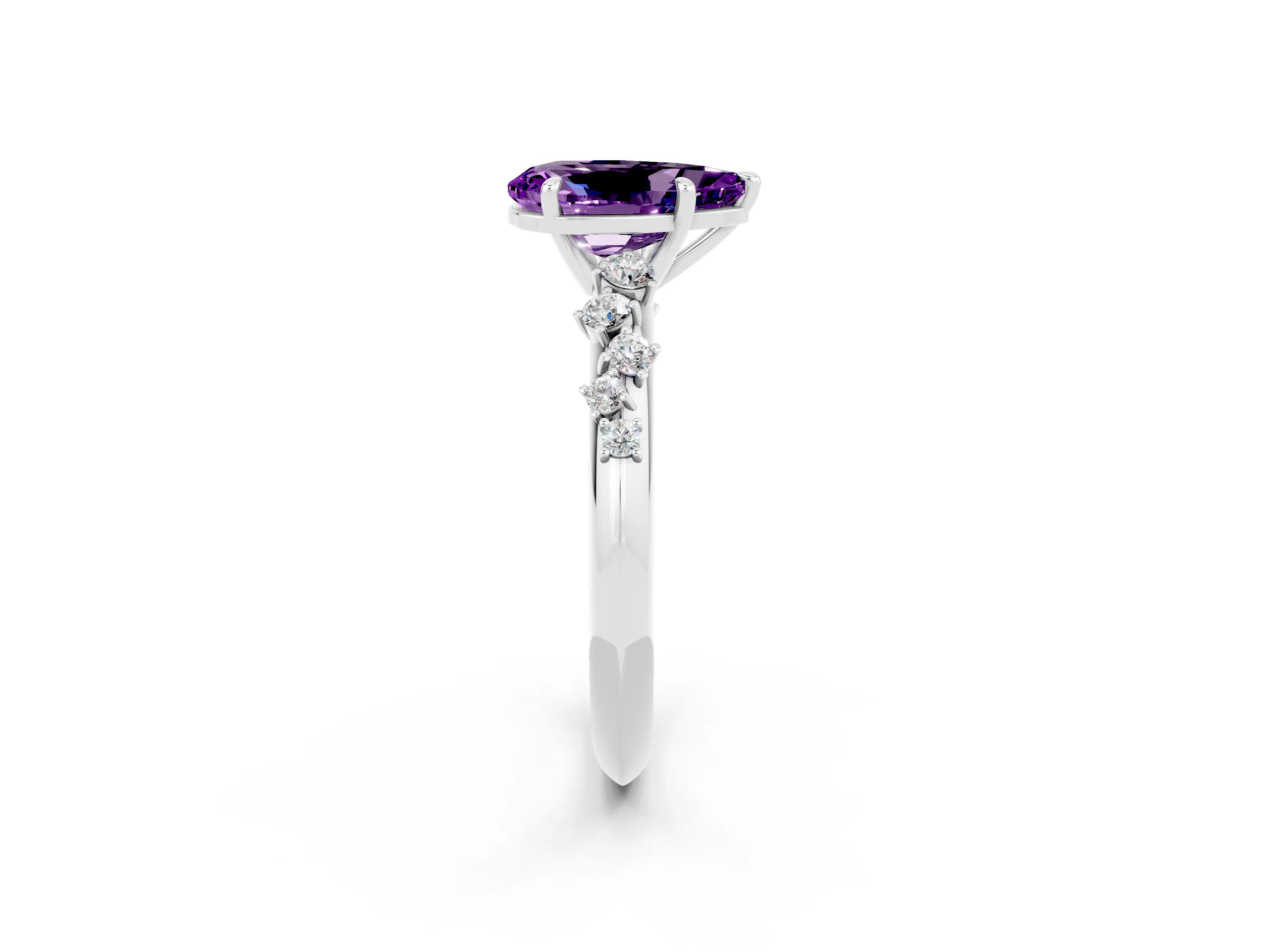 White gold Pear Cut Amethyst Cluster Side Stone Solitaire Ring with Prong Setting_26
