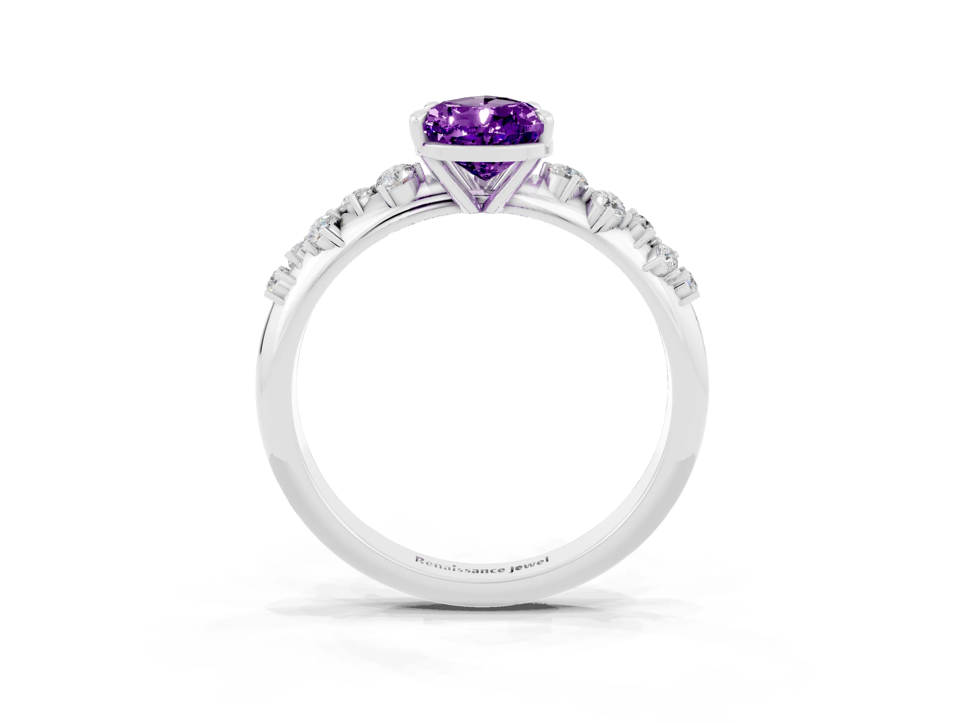 White gold Pear Cut Amethyst Cluster Side Stone Solitaire Ring with Prong Setting_27