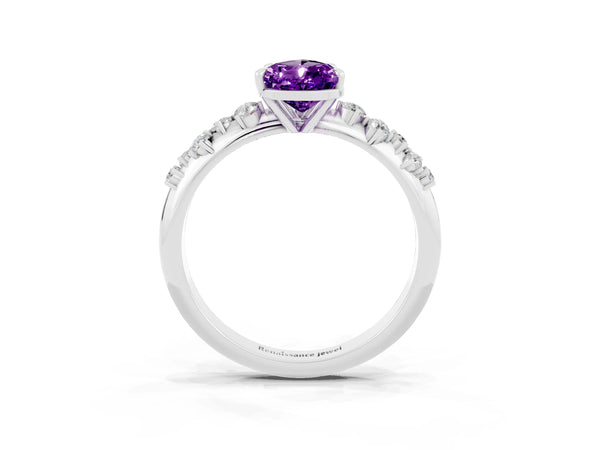 Silver Pear Cut Amethyst Cluster Side Stone Solitaire Ring with Prong Setting