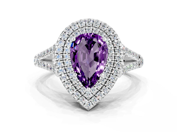 Platinum Pear Cut Amethyst Double Halo Ring with Pavé Band and Prong Setting