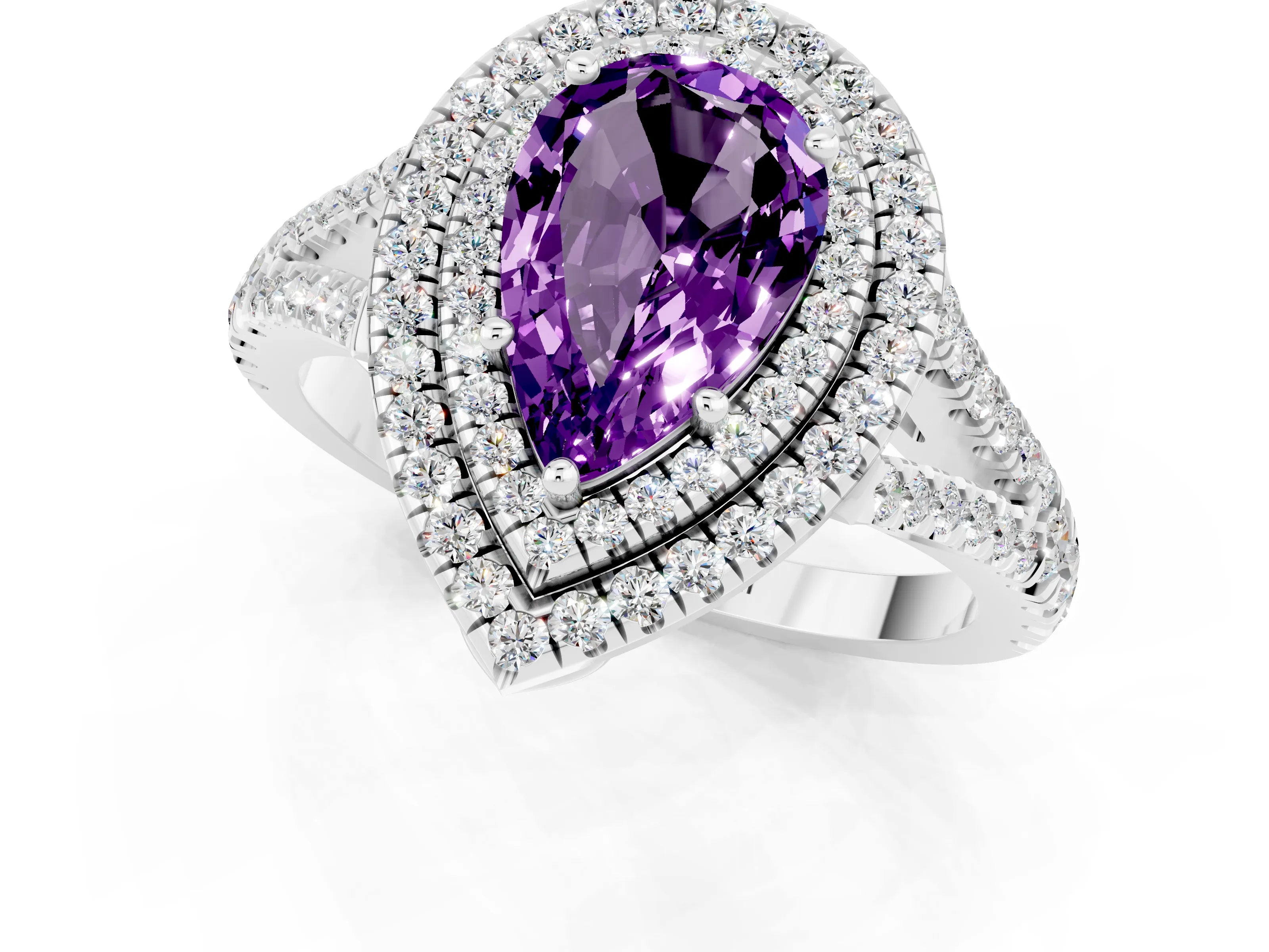 White gold Pear Cut Amethyst Double Halo Ring with Pavé Band and Prong Setting_13