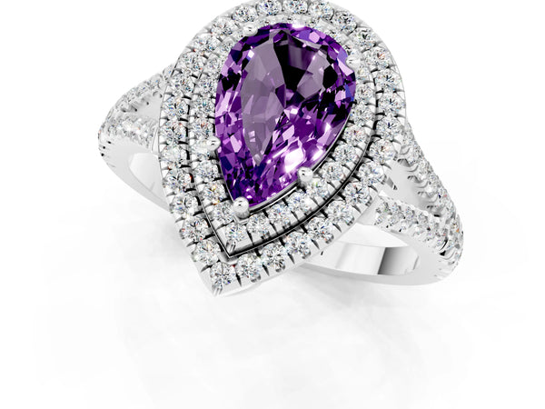 Platinum Pear Cut Amethyst Double Halo Ring with Pavé Band and Prong Setting