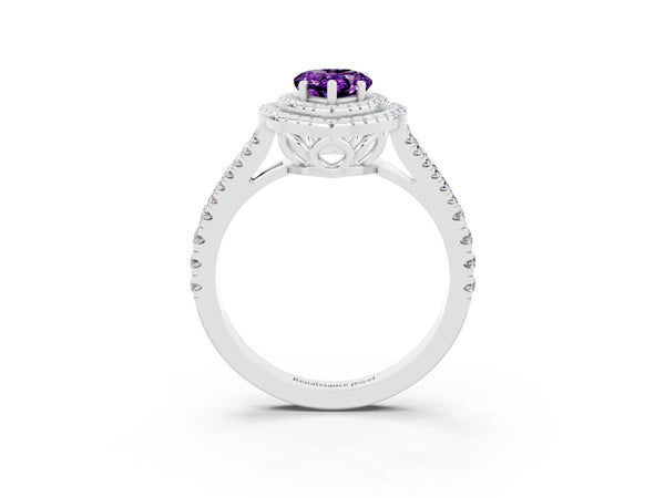 Platinum Pear Cut Amethyst Double Halo Ring with Pavé Band and Prong Setting