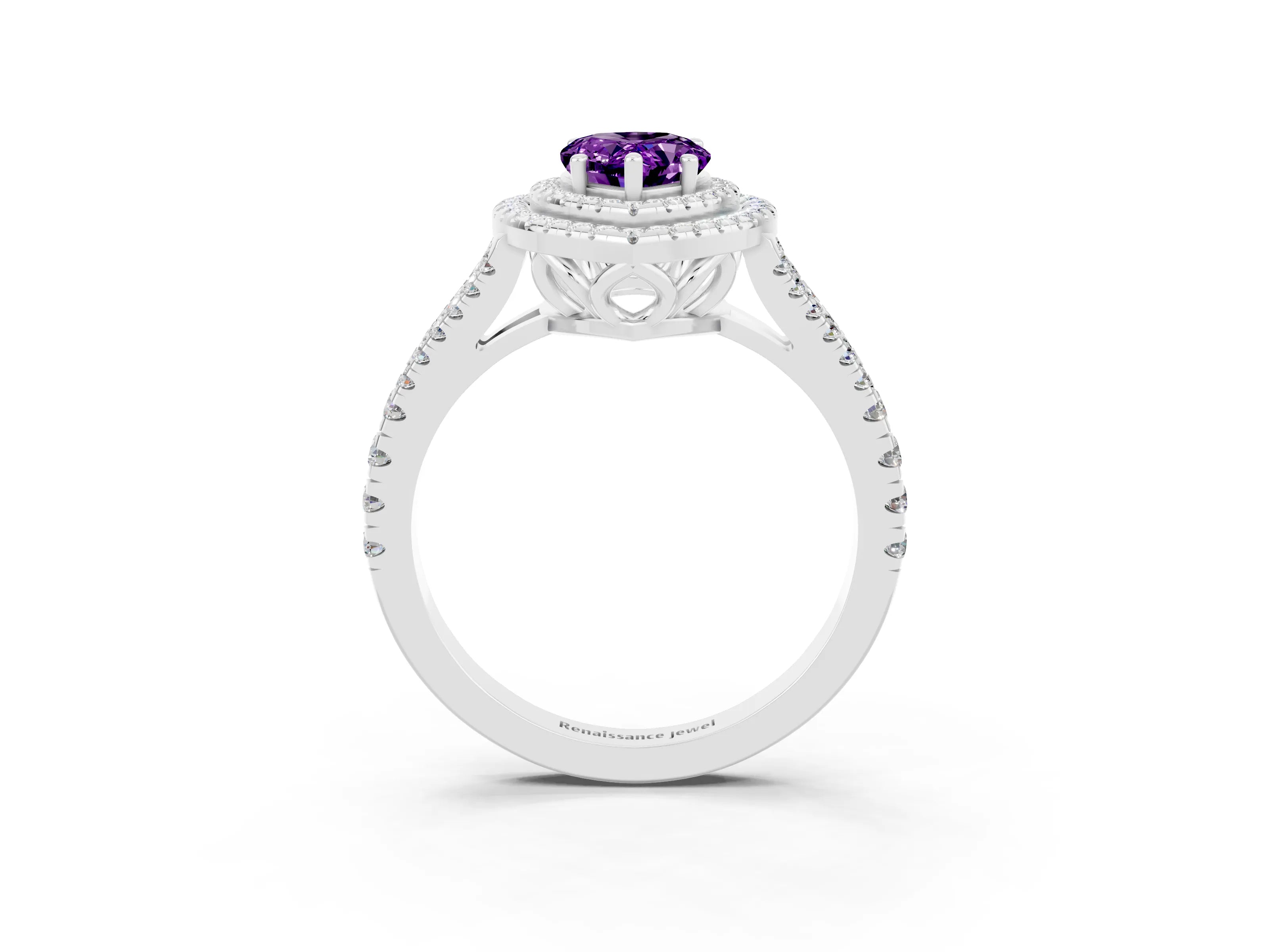 White gold Pear Cut Amethyst Double Halo Ring with Pavé Band and Prong Setting_15