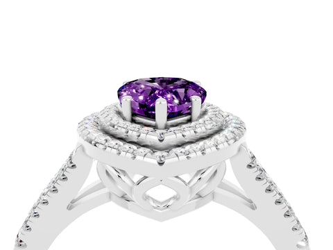 White gold Pear Cut Amethyst Double Halo Ring with Pavé Band and Prong Setting_16