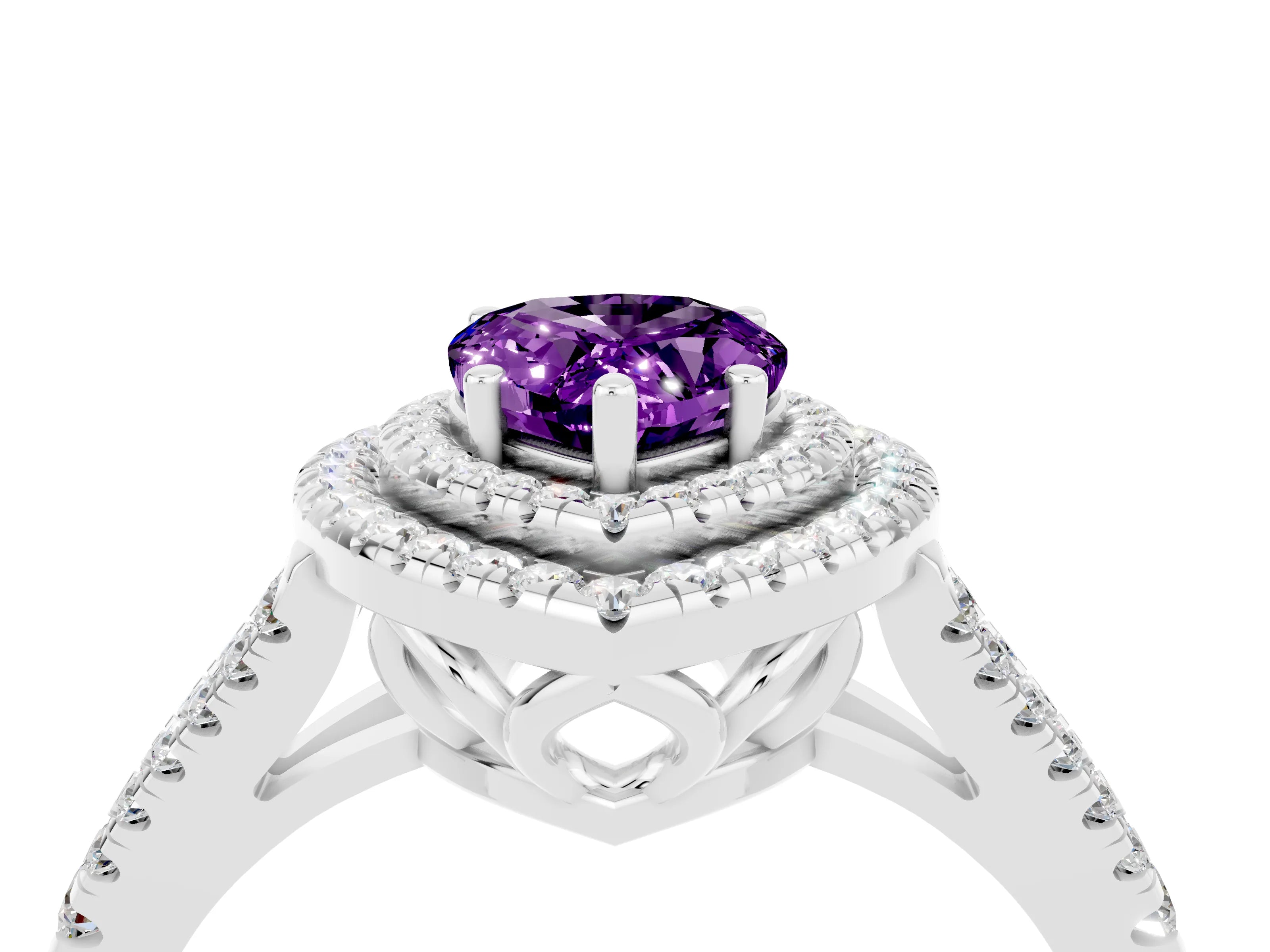 White gold Pear Cut Amethyst Double Halo Ring with Pavé Band and Prong Setting_16