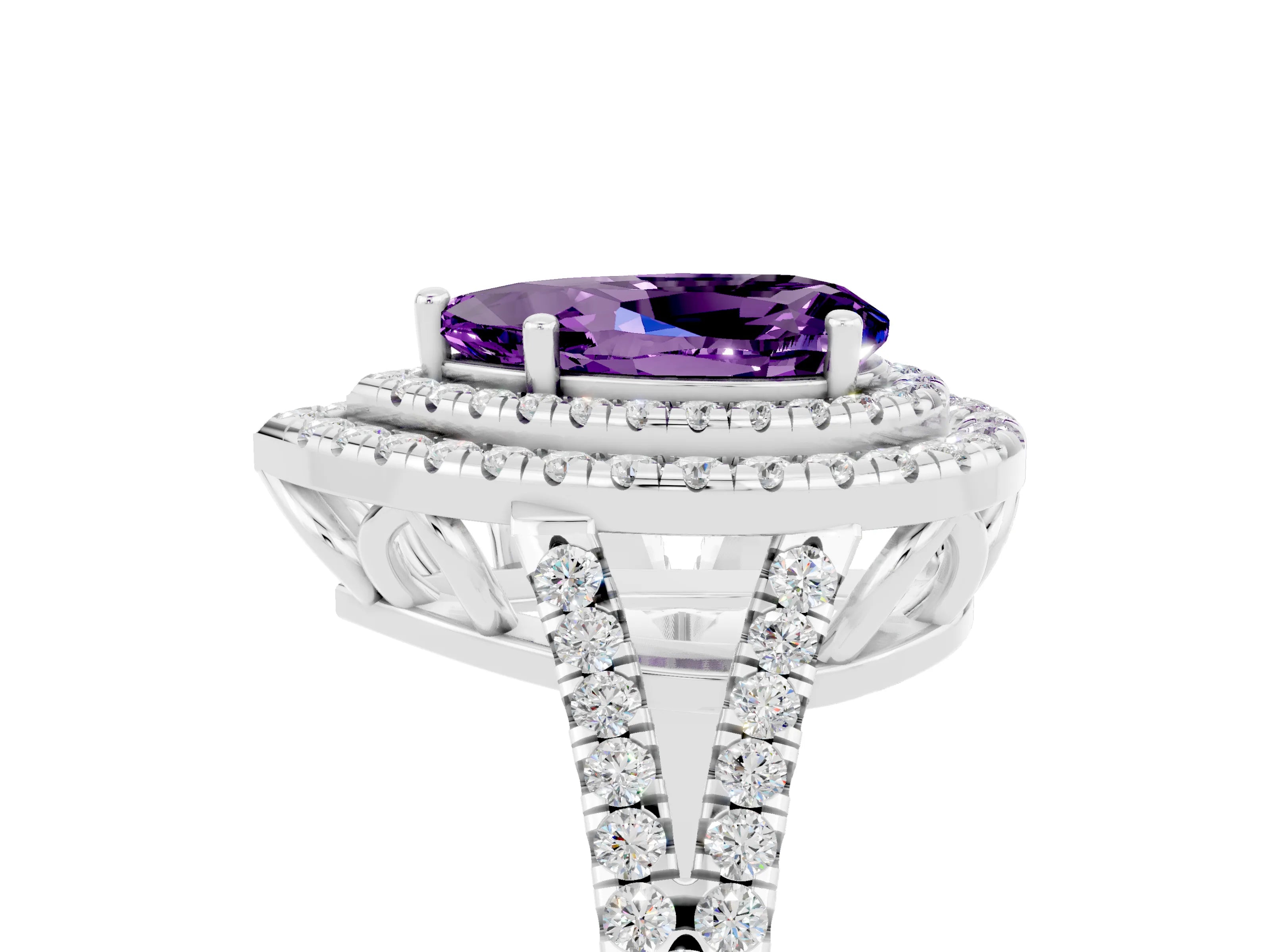 White gold Pear Cut Amethyst Double Halo Ring with Pavé Band and Prong Setting_17